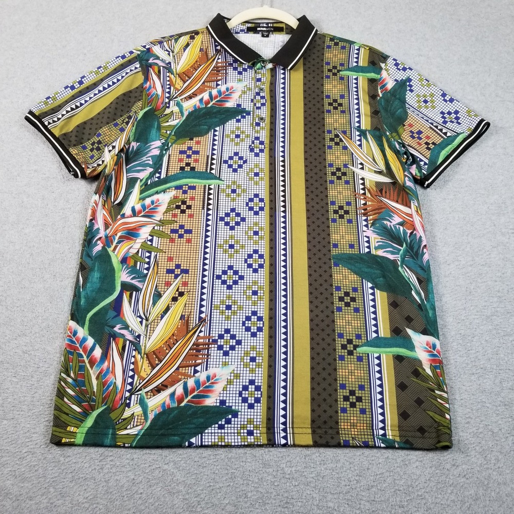 Fashion Nova Men Polo Shirt M Medium Tropical Floral Geo Short Sleeve Going Out